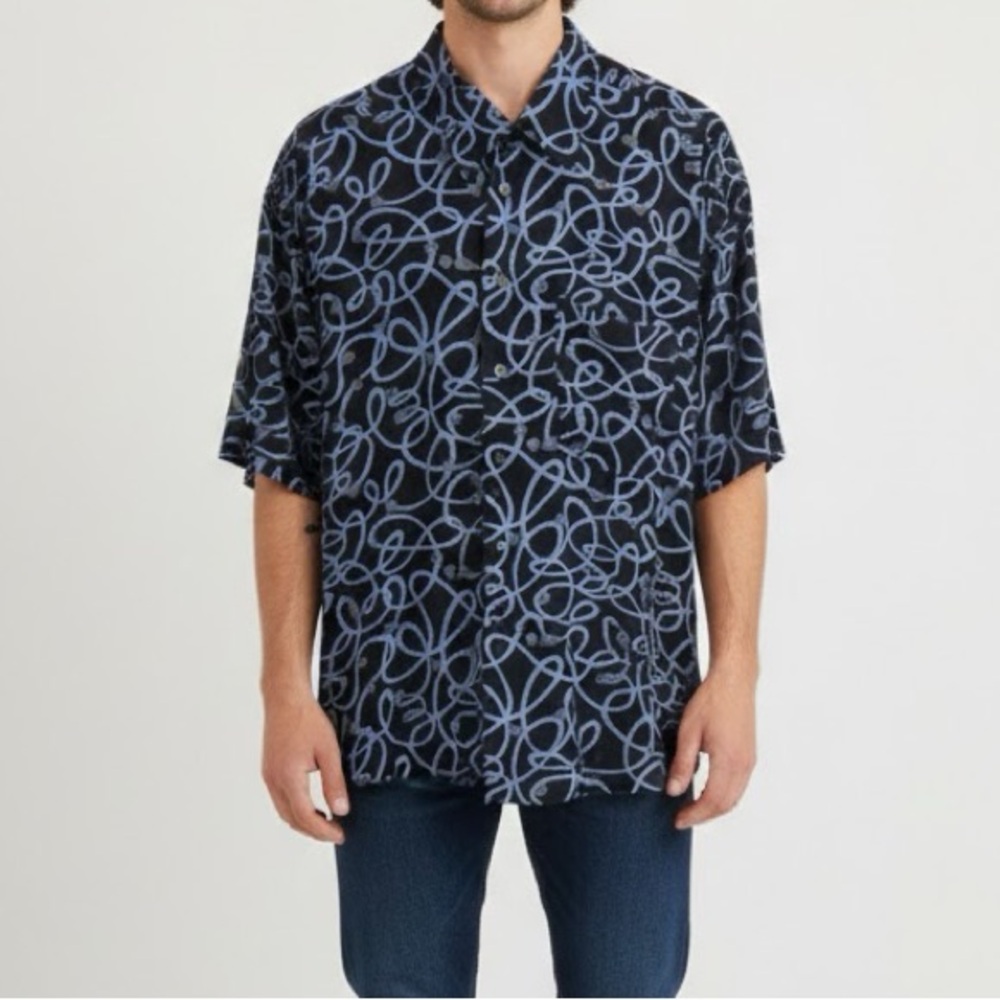 Haupt - Germany Black Blue Swirl Print Button Down Large